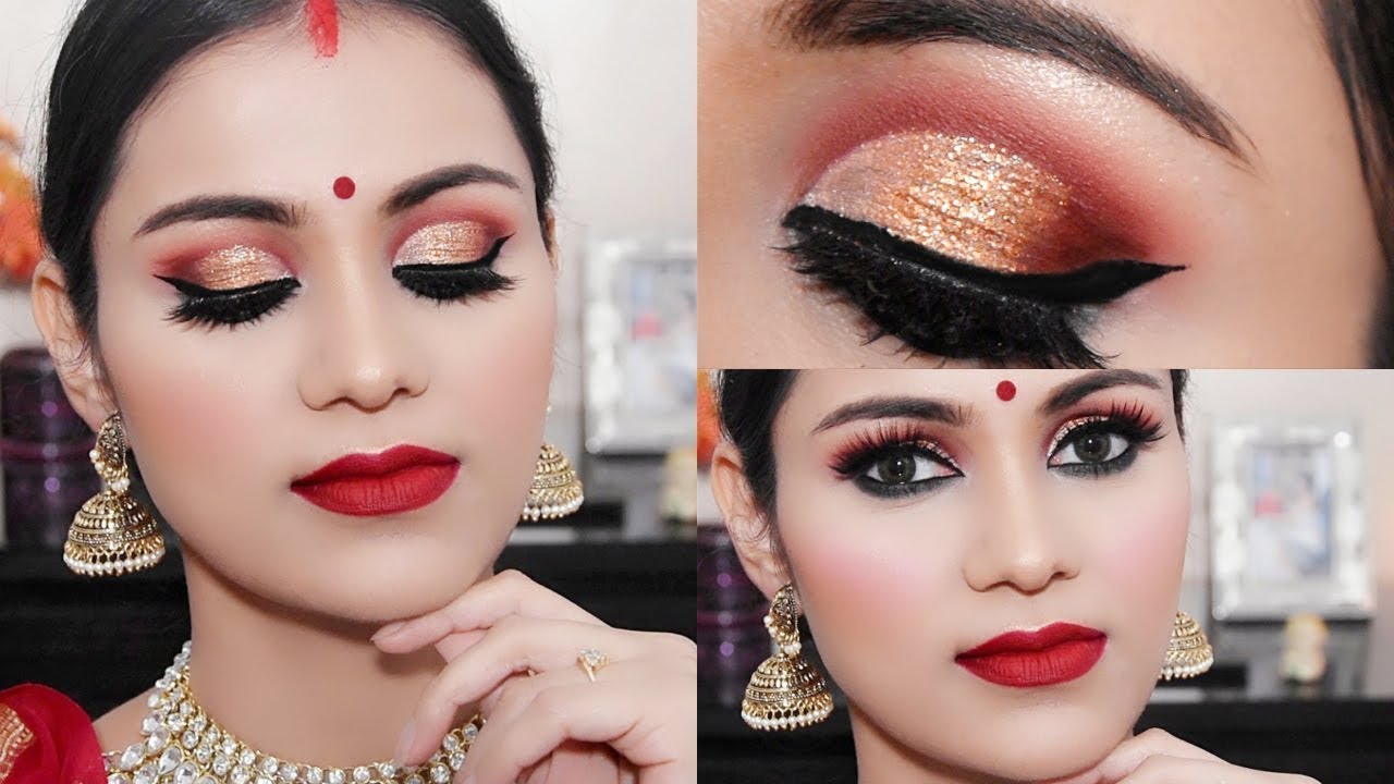 Bengali Eye Makeup Navratri Durga Puja Makeup 2018 Traditional Bengali Look Half Cut