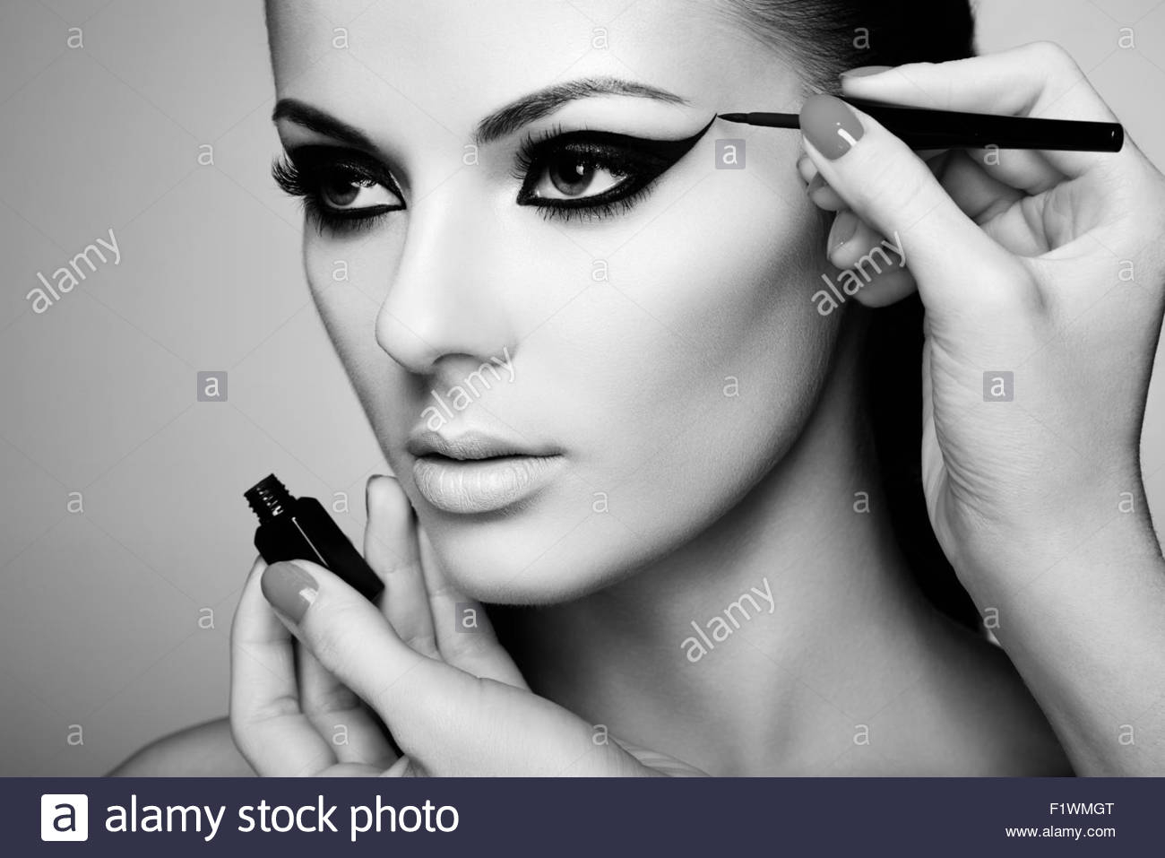Black And White Eye Makeup Makeup Artist Applies Eye Shadow Beautiful Woman Face Perfect