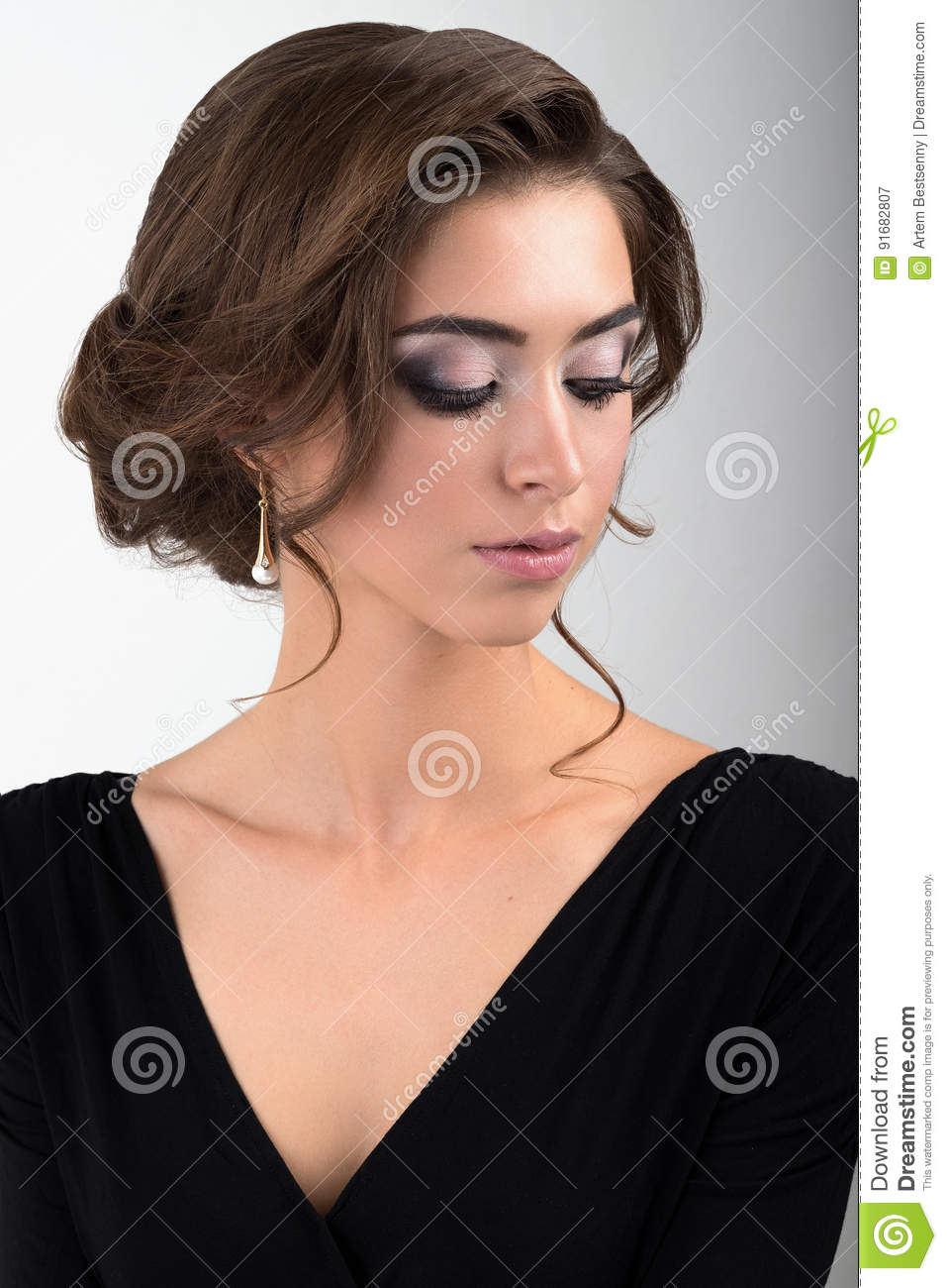 Eye Makeup For Black Dress Close Up Portrait Of Brunette With Evening Makeup And Collected Hair