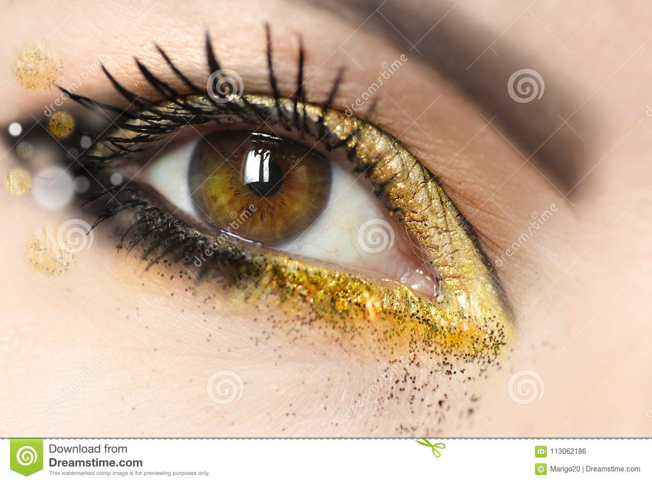 Eye Makeup Green Eyes Womens Makeup Brown Green Eyes With Gold Eye Shadow Stock Photo