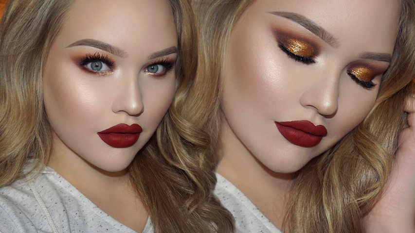 Eye Makeup With Red Lipstick Gold Smokey Eyes Classic Red Lips Holiday Glam Makeup