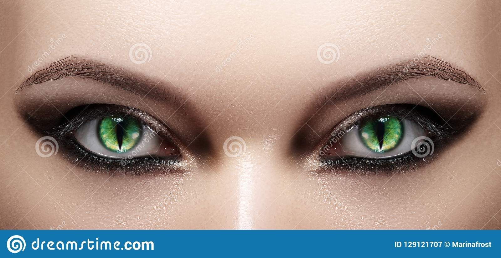 Green Cat Eye Makeup Close Up Of Woman Eyes Halloween Makeup Cat Eye Lens Fashion