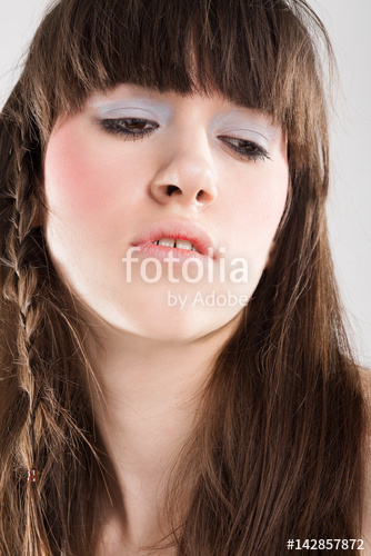Hippie Eye Makeup Portrait Of A Brunette Woman Creative Makeup Model With A Bang And