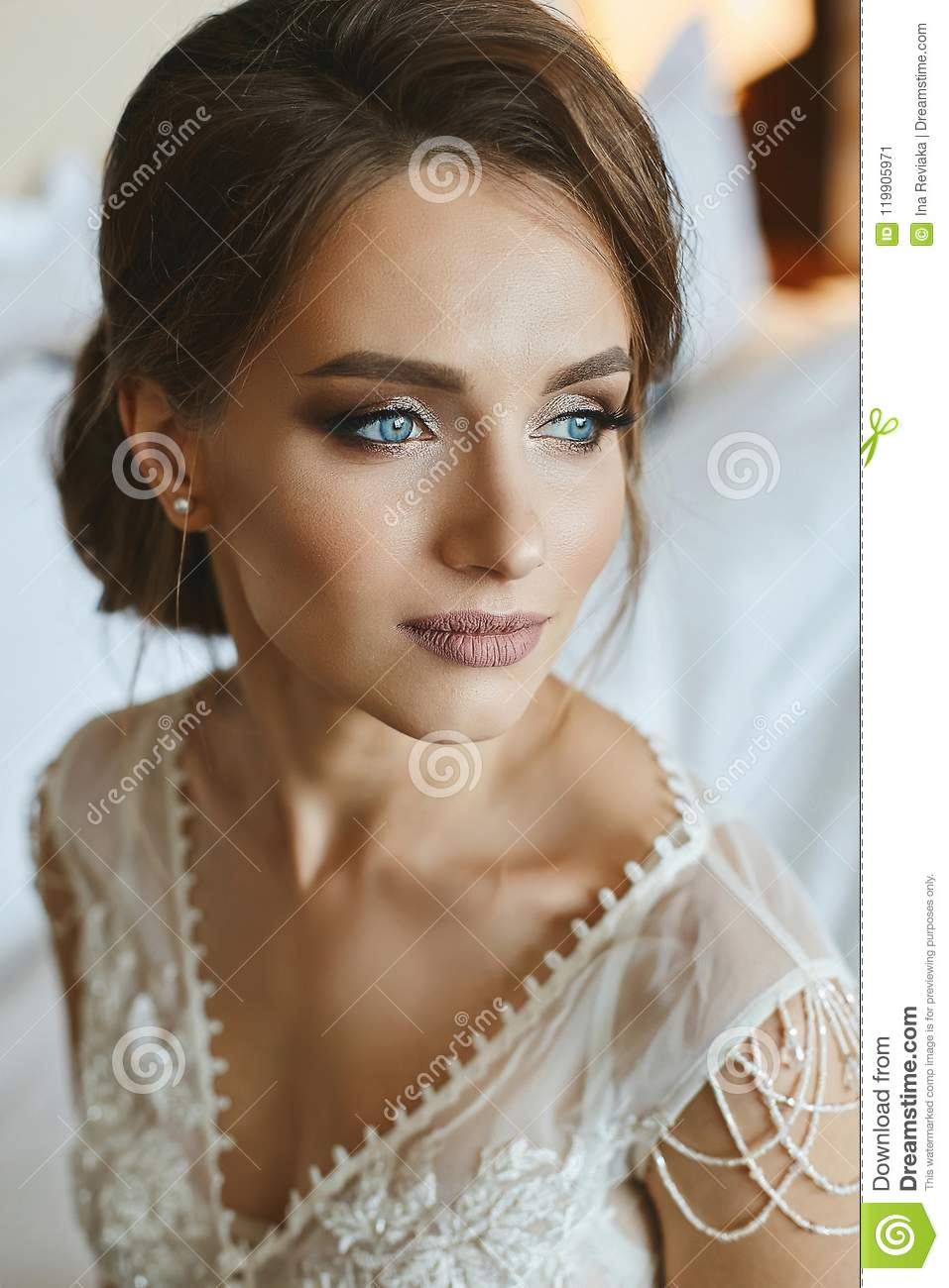 Makeup For Blue Eyes Brown Hair Portrait Of Fashionable Beautiful And Sensual Brown Haired Model