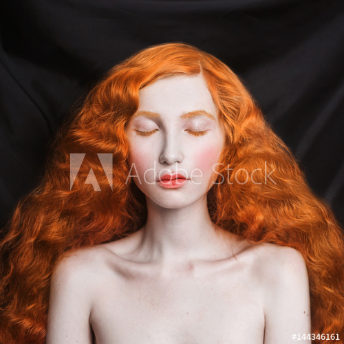 Makeup Pale Skin Blue Eyes Woman With Long Curly Red Flowing Hair On A Black Background Red