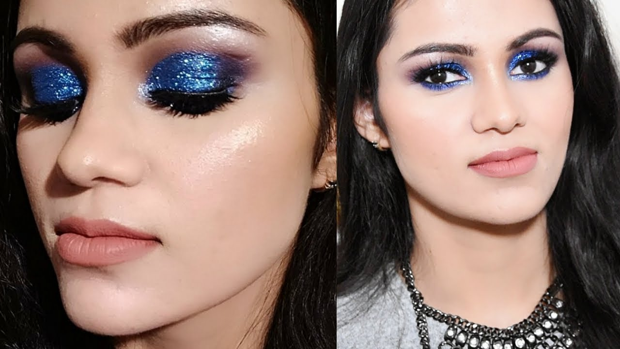 Party Makeup For Blue Eyes New Years Eve Party Makeup 2018 In Hindi Glittery Blue Smokey Eye