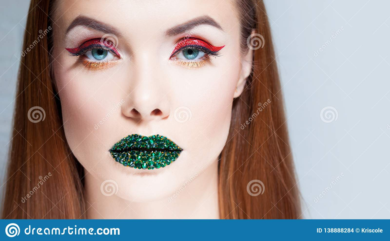 Rhinestones For Eyes Makeup Bright Eye Makeup And Green Lips In Rhinestones Unusual Look With