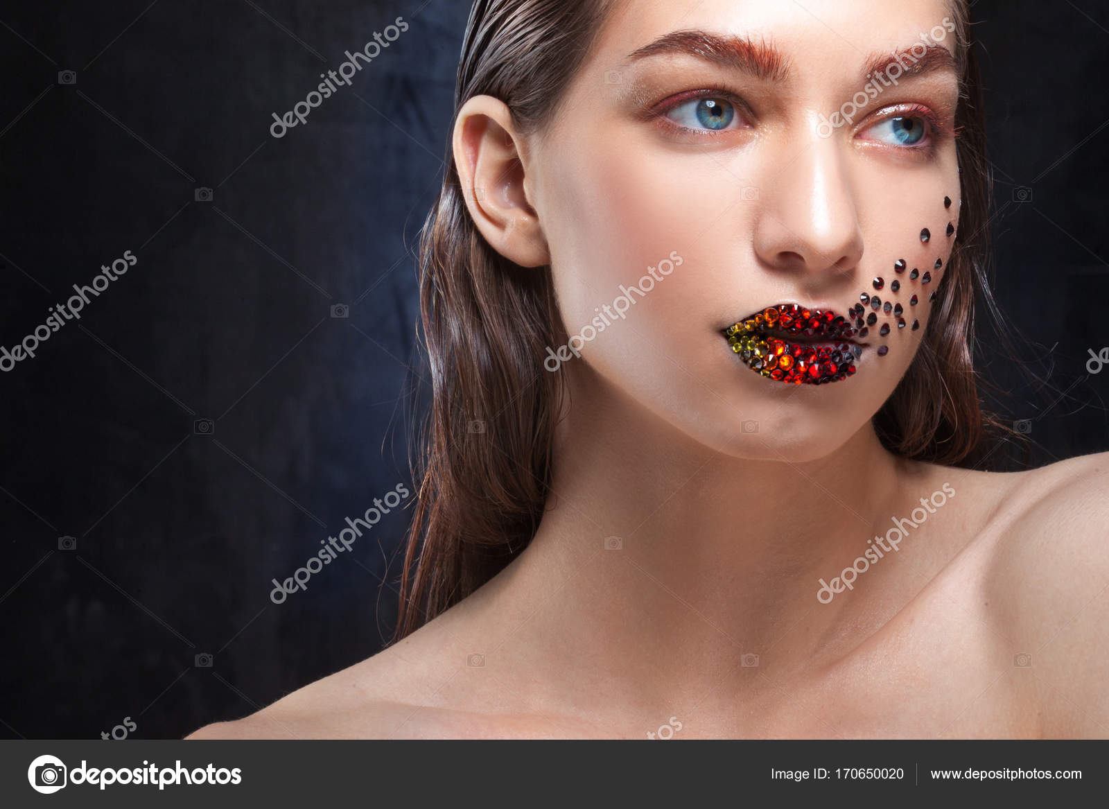 Rhinestones For Eyes Makeup Young Beautiful Girl With Blue Eyes Bright Makeup Red Lipstick